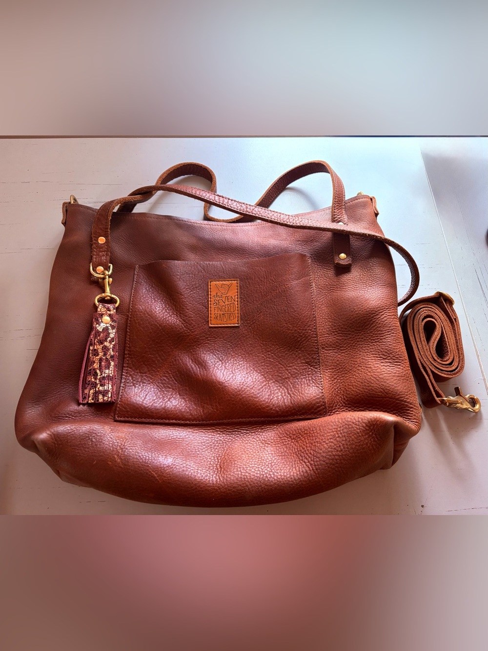 Genuine Brown Leather Shoulder Tote with Detachable Strap